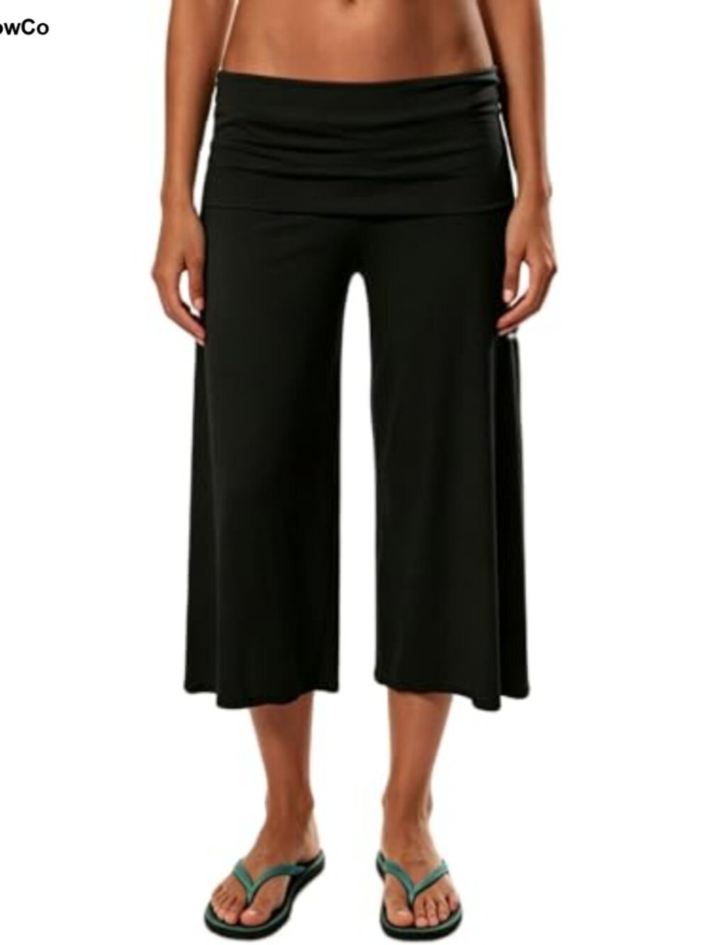 Women Low Rise Fold Over Wide Leg Capri Gaucho Pants Cotton Stretch Yoga